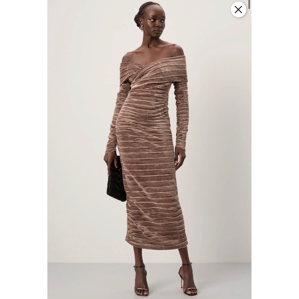 B67 Sabina Musayev Delphinus Velvet Midi Dress Women L Brown Ruched Long Sleeves
